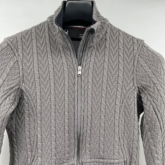 Spyder Cable Knit Sweater Jacket Women M Gray Fleece Lined Cabin Skiing Full Zip - Picture 2 of 13